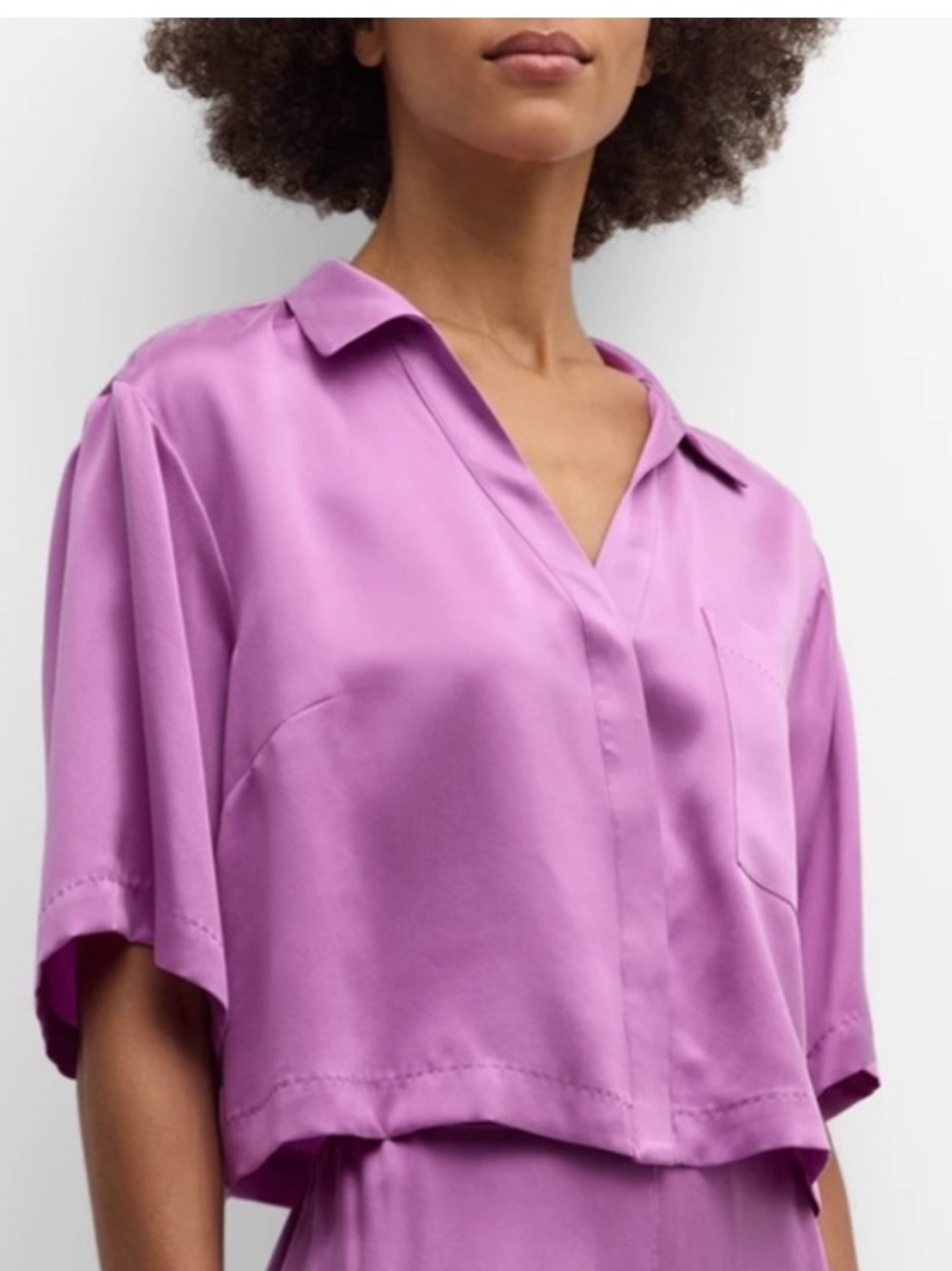 Lunya Washable Silk Cropped Pajama Shirt Atomic Fuchsia Large